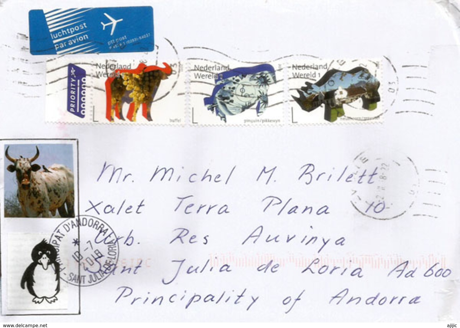 Les Pays Bas (buffle,penguins,etc)  Série Timbres 2011, Sur Lettre Adressée Andorra, Avec Timbre à Date Arrivée - Covers & Documents