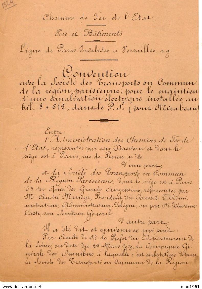 VP12.712 - PARIS - Acte De 1924 - Entre La Cie Des Chemins De Fer... & La Société Des Transports En Commun (Omnibus ) .. - Railway