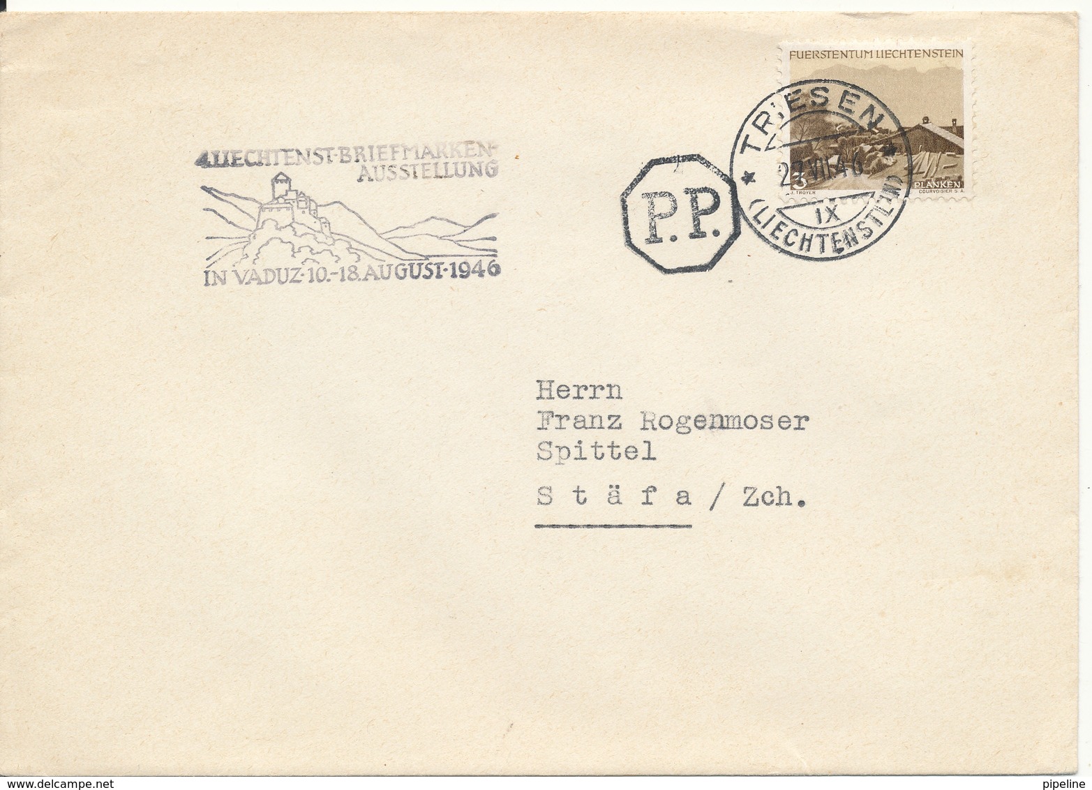 Liechtenstein Cover Sent To Switzerland Triesen 27-7-1946 Single Franked - Covers & Documents