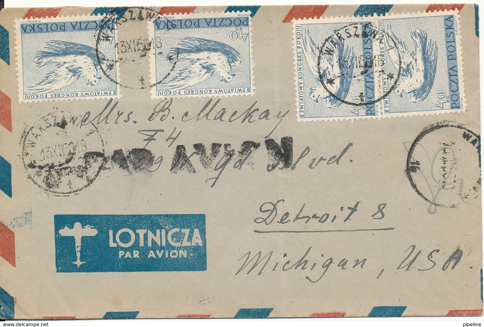 Poland Air Mail Cover Sent To USA 13-12-1950 - Airplanes