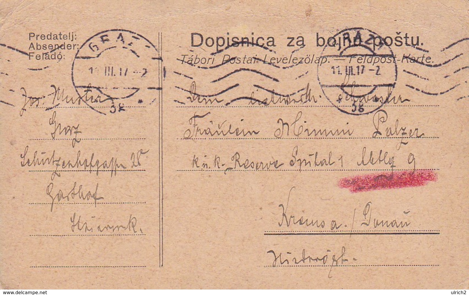 Feldpostkarte Dopisnica Za Bojnu Postu - Graz Nach Reservespital Krems - 1917 (35637) - Briefe U. Dokumente