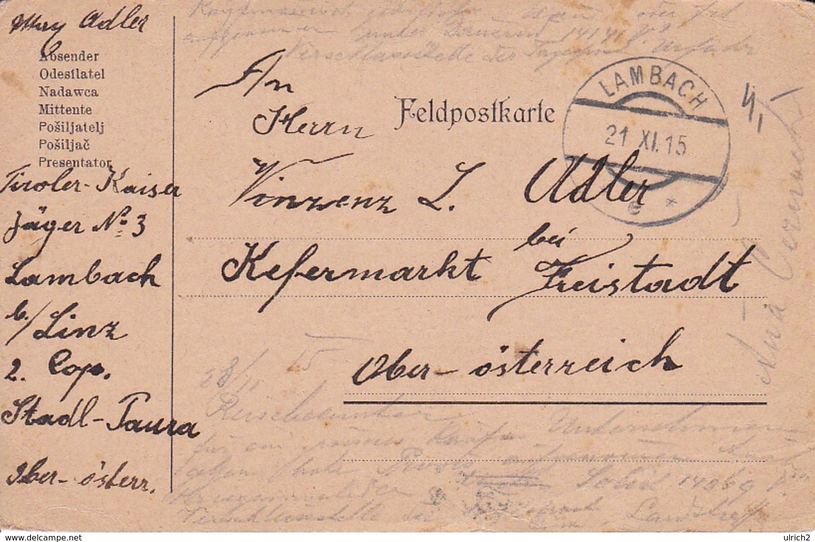 Feldpostkarte - Tiroler Kaiser Jäger No. 3 - Lambach Nach Kefermarkt - 1915 (35638) - Brieven En Documenten
