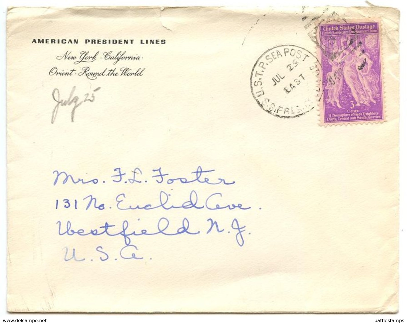 United States 1940 Seapost Cover S.S. President Coolidge W/ Scott 895 Pan-American Union - Brieven En Documenten