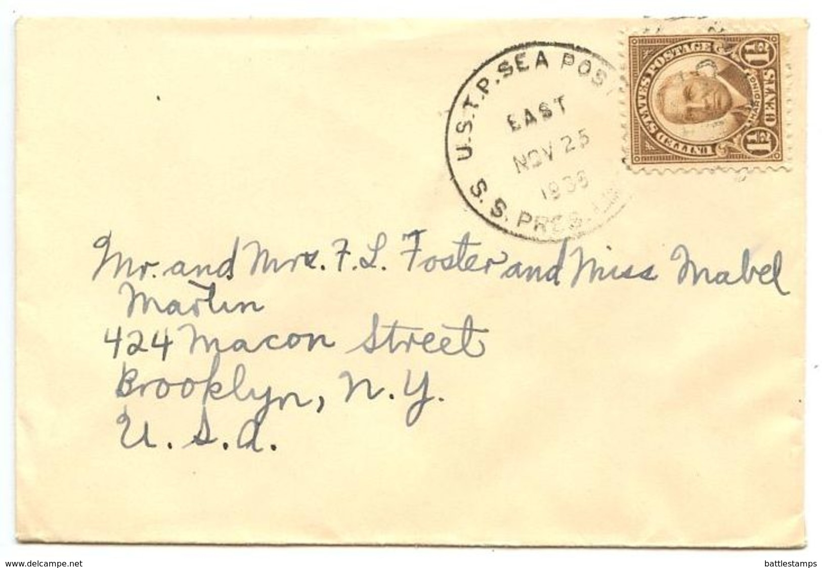 United States 1936 Seapost Cover S.S. President Lines To Brooklyn New York - Brieven En Documenten