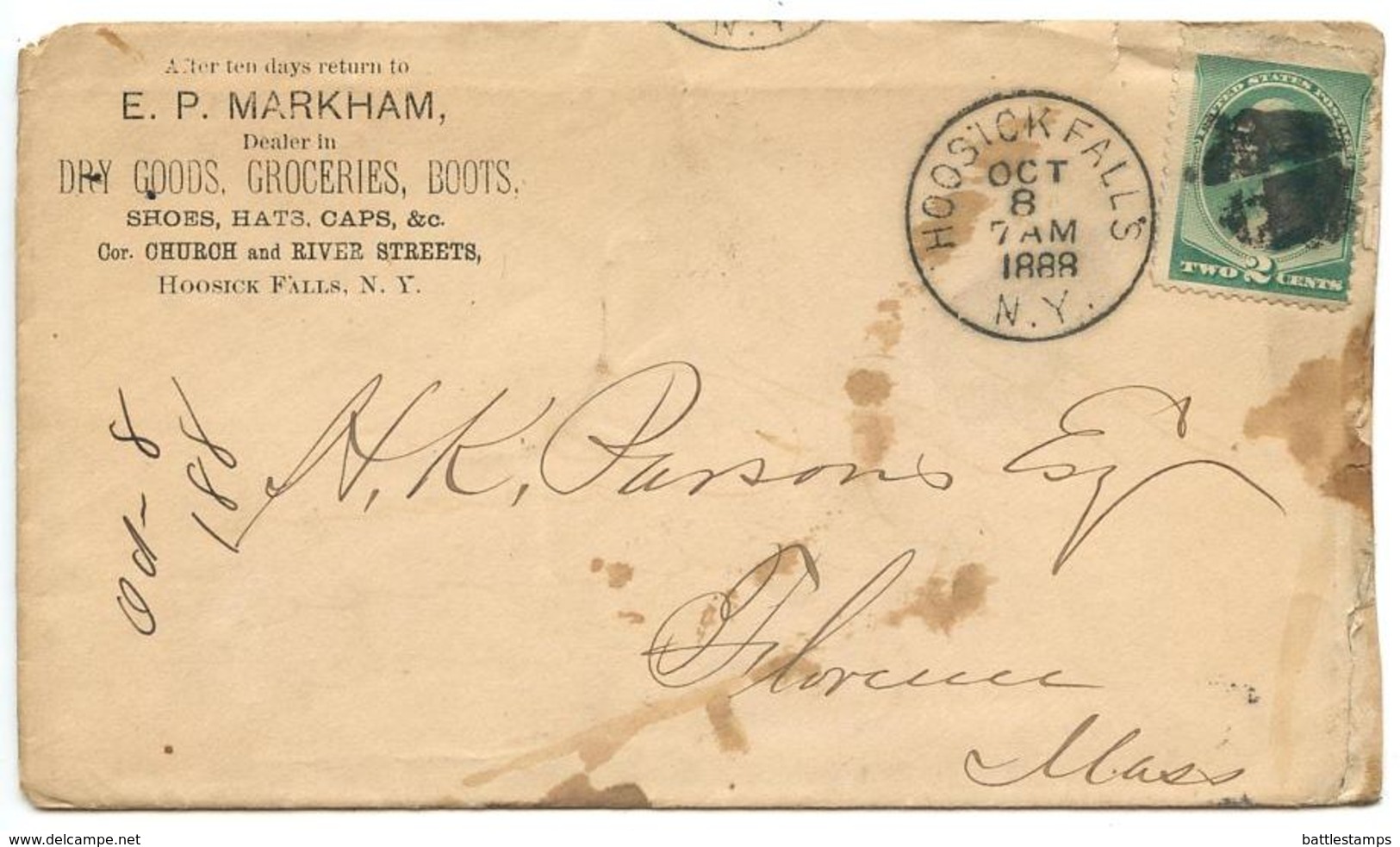 United States 1888 Cover Hoosick Falls NY To Florence MA, Scott 213 - Brieven En Documenten