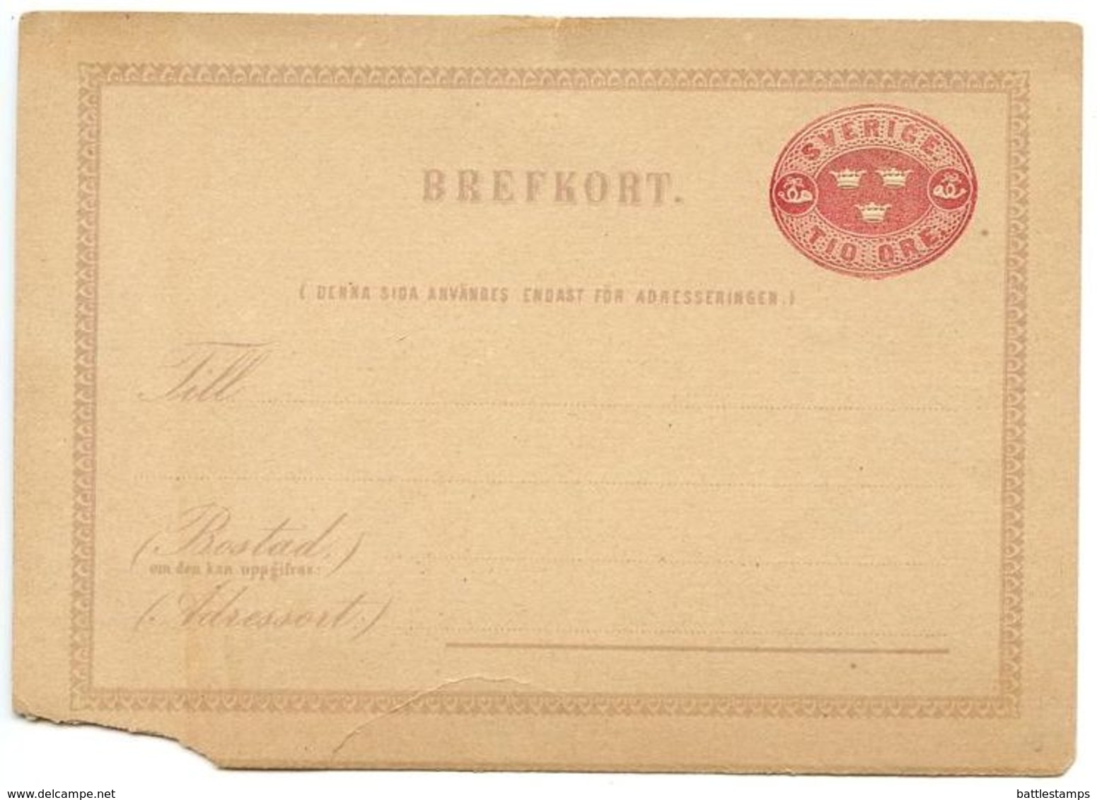 Sweden 19th C. 2ö. Three Crowns Postal Card Mint - Postal Stationery