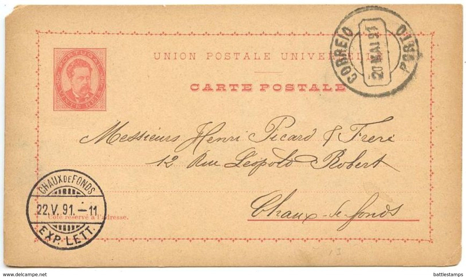 Portugal 1891 20r. King Luiz  Postal Card Porto To Chaux De Fonds, Switzerland - Postal Stationery