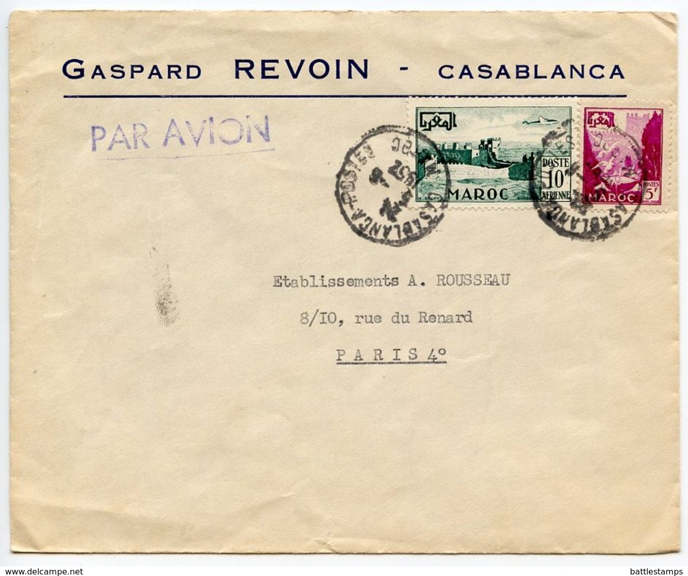 Morocco, French 1952 Airmail Cover Casablanca To Paris France W/ Scott 271 & C42 - Briefe U. Dokumente
