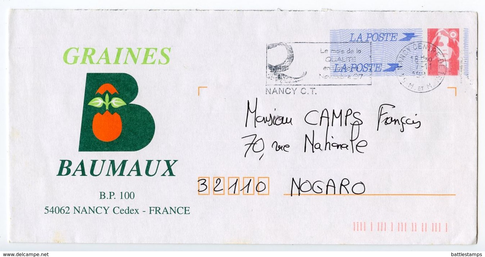 France 1997 Marianne Postal Envelope Nancy Centre De Tri To Nogaro - Prêts-à-poster: Other (1995-...)