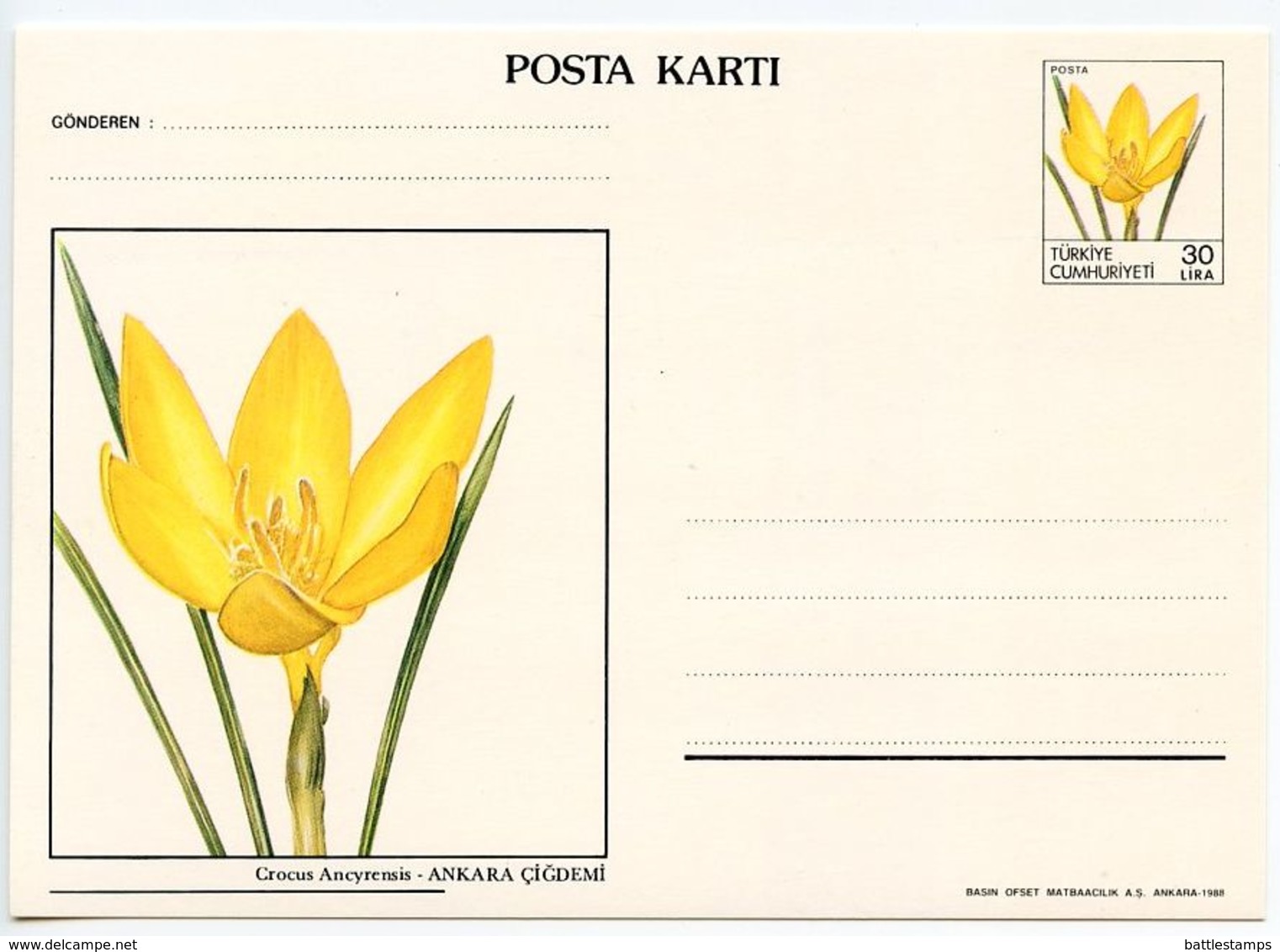 Turkey 1988 Mint 30l Crocus Flower Postal Card - Entiers Postaux