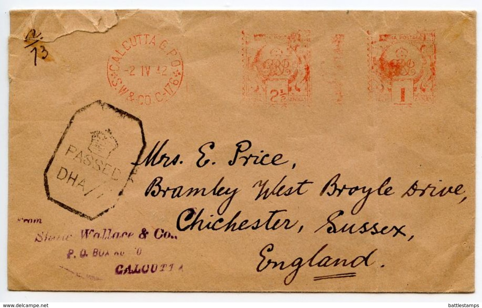 India 1942 Censor Meter Cover Calcutta - Shaw Wallace & Co. To Chichester, Sussex, England - 1936-47 King George VI