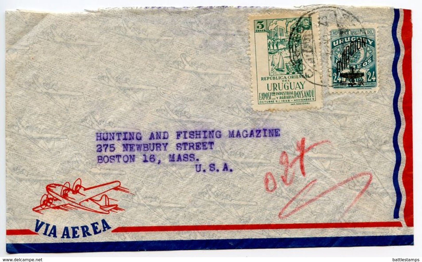 Uruguay 1948 Airmail Cover Montevideo To Boston MA W/ Scott 564 & C138 - Uruguay