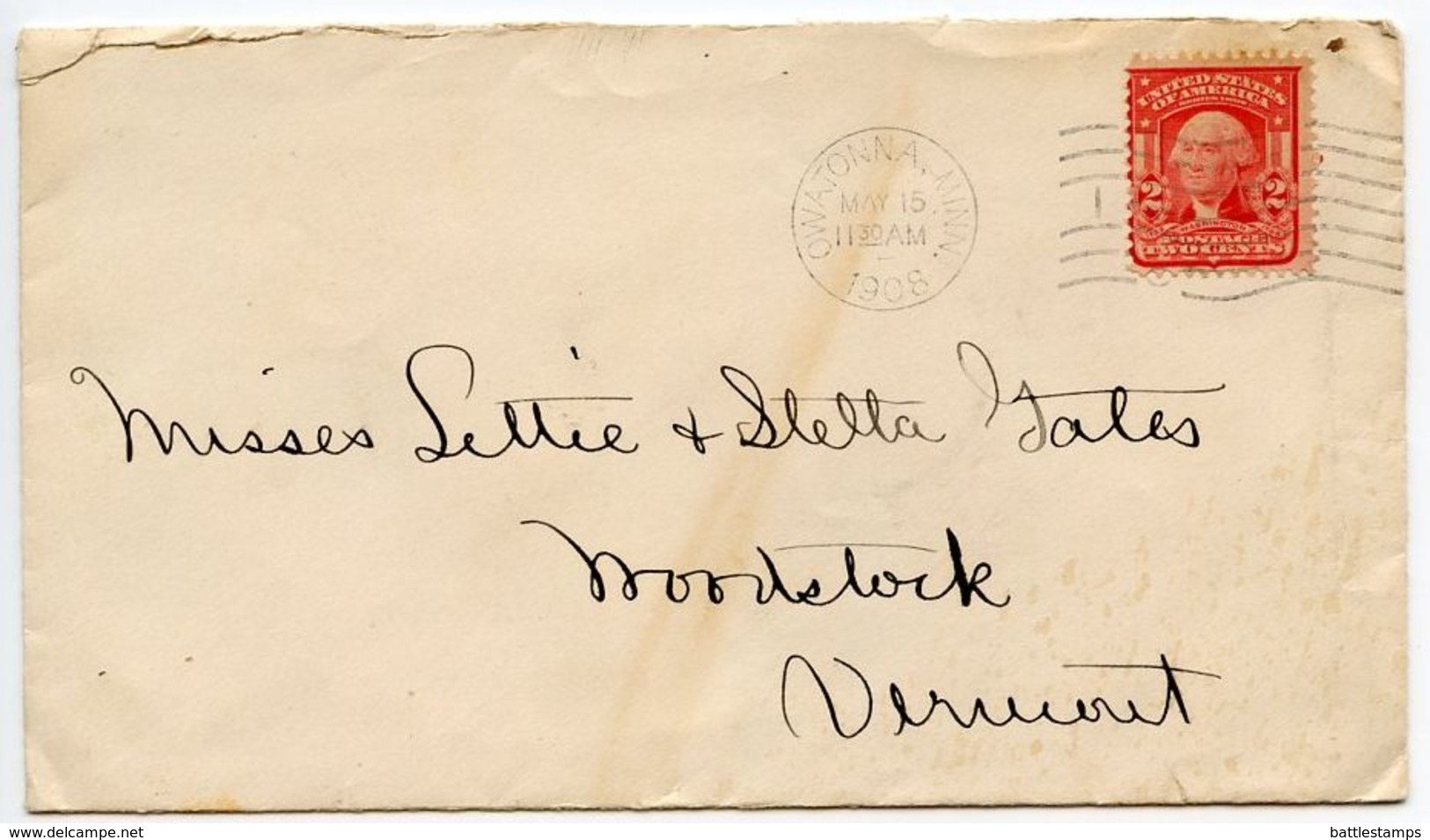 United States 1908 Cover Owatonna, Minnesota To Woodstock, Vermont W/ Scott 319 - Brieven En Documenten