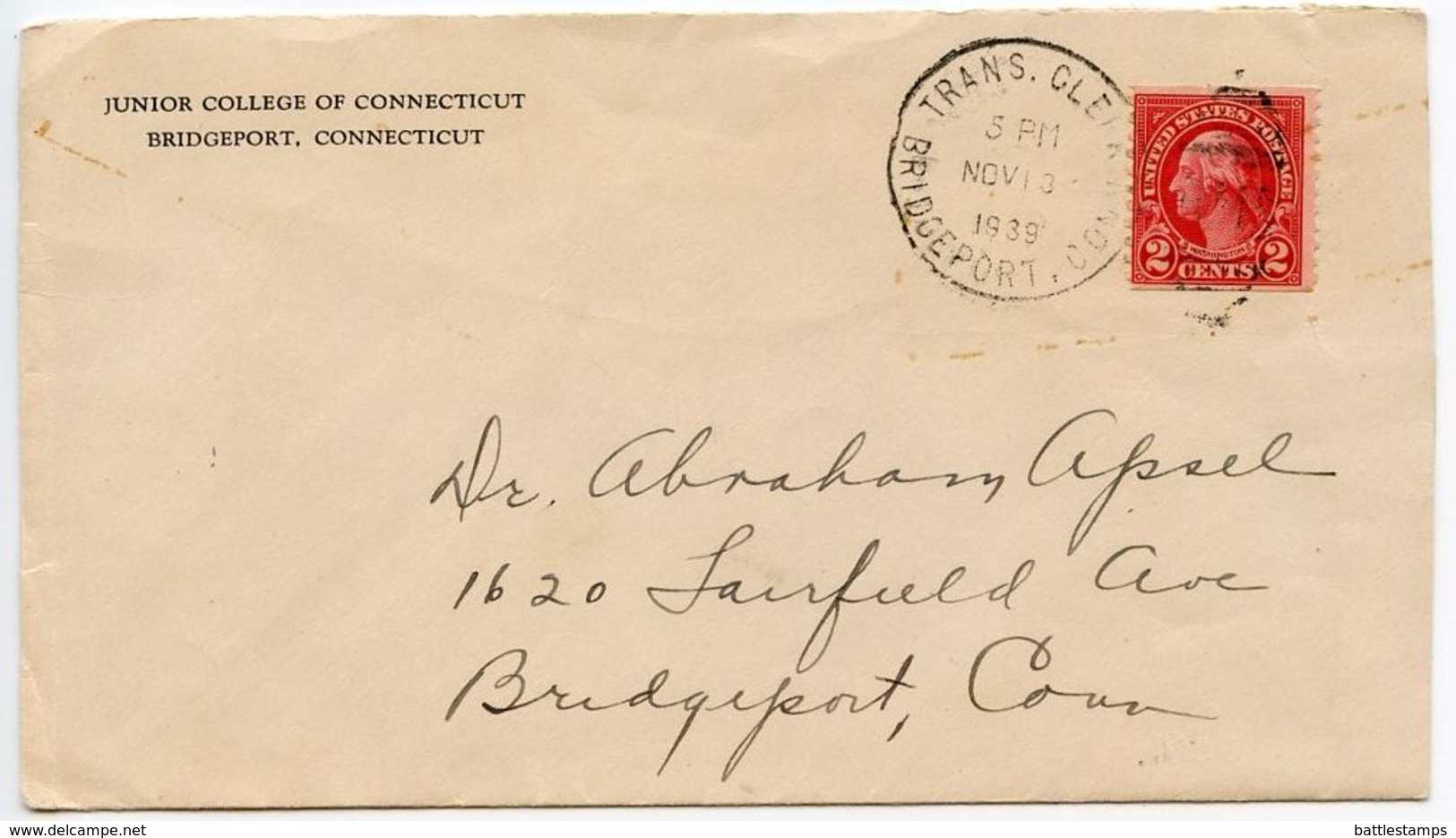 United States 1939 Cover Bridgeport, Connecticut W/ Scott 599 & Transfer Clerk Pmk - Brieven En Documenten