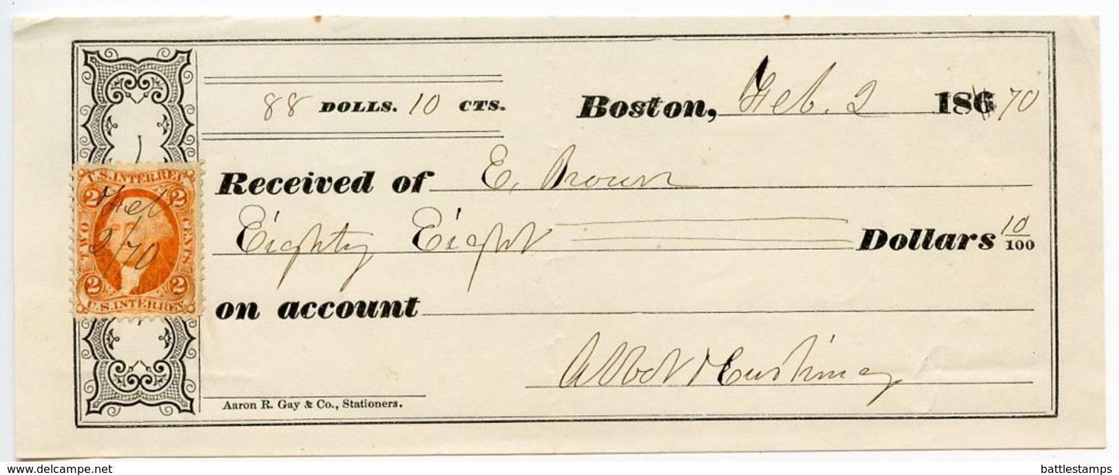 United States 1870 Received Receipt Boston, Massachusetts W/ Scott R15c - Revenues