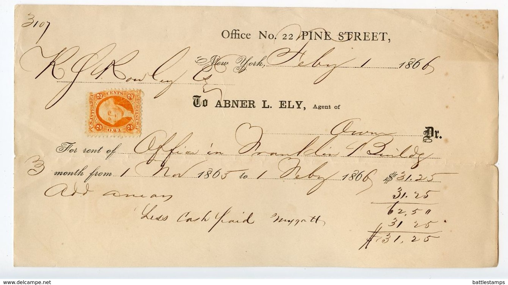 United States 1866 Rental Receipt New York, NY W/ Scott R15c - Steuermarken