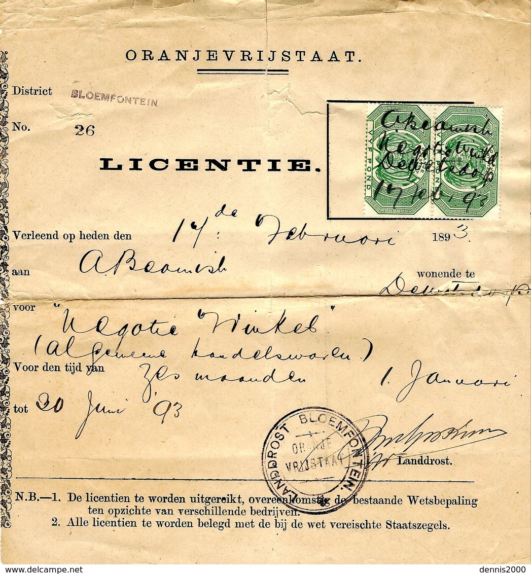 ORANJEVRIJSTAAT   - Bloemfontein  - LICENTIE - Orange Free State (1868-1909)