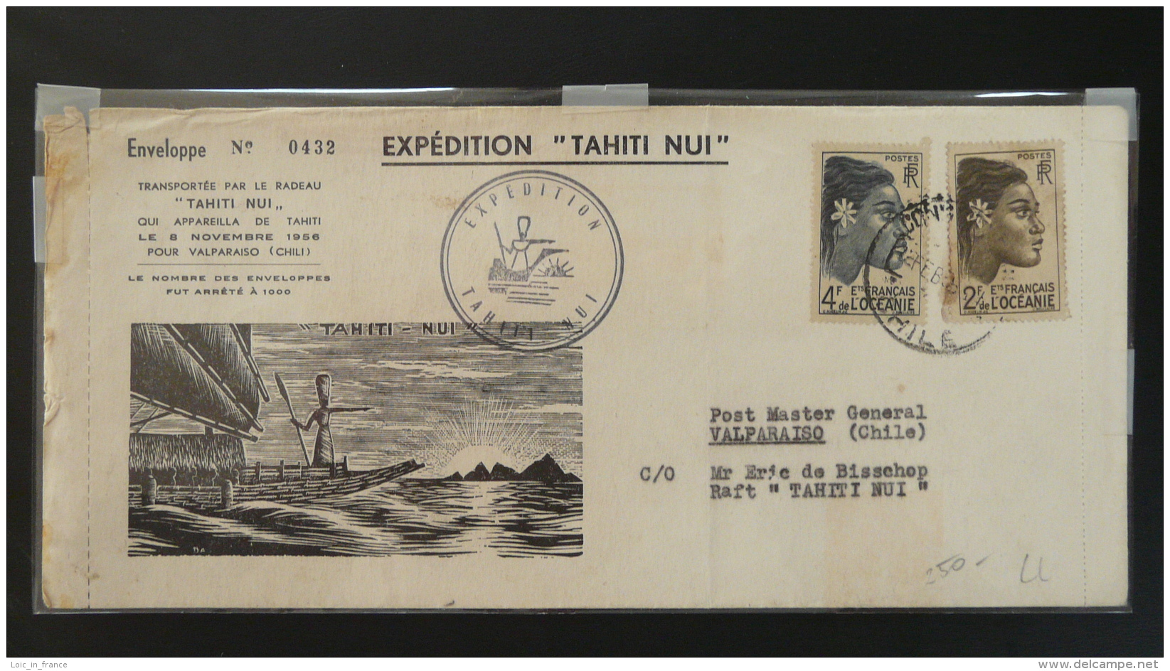 Lettre Transportée Par Radeau Expédition Tahiti Nui Océanie Oblit. Chili Chile 1956 - Lettres & Documents