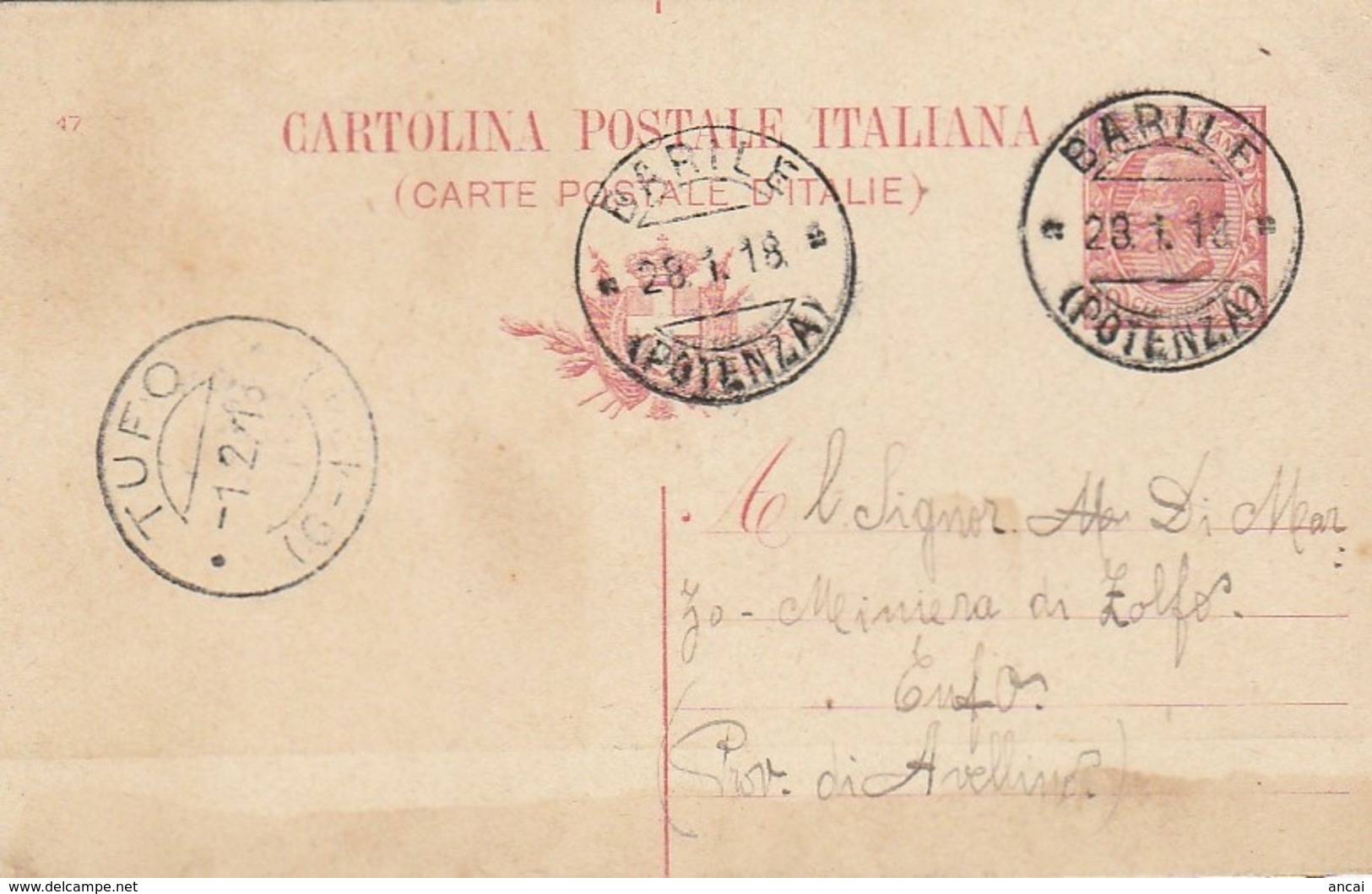 Barile. 1918. Annullo Guller BARILE (POTENZA) Su Cartolina Postale Con Testo - Marcophilia