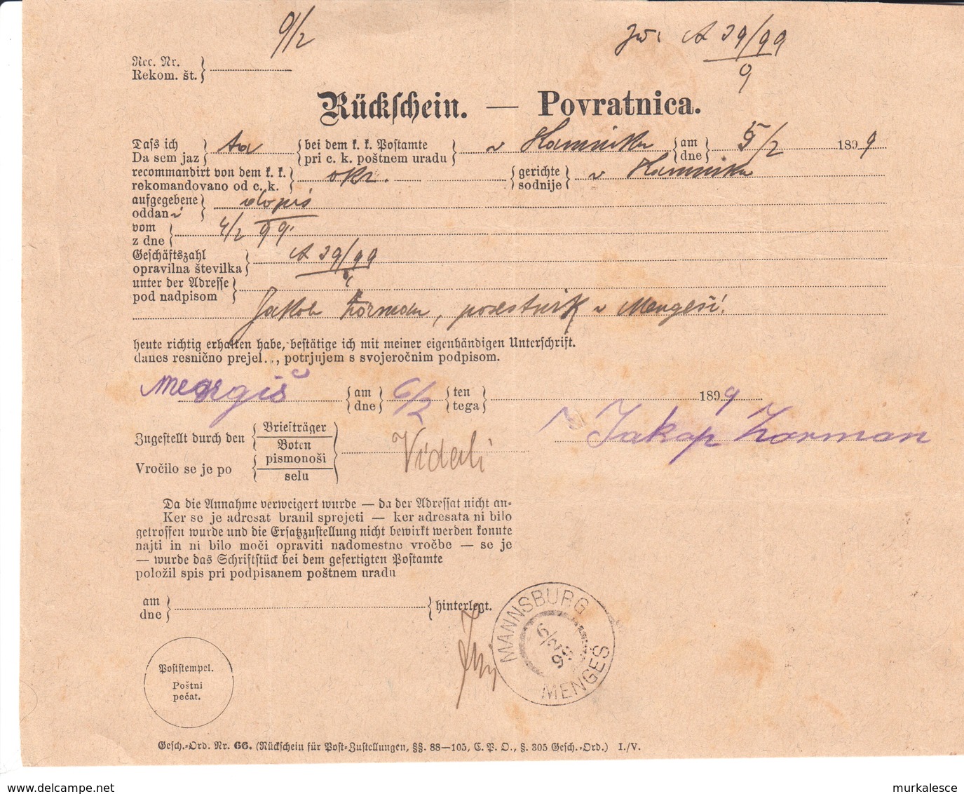 2657   POVRATNICA  MENGEŠ  1899 - Slovenia