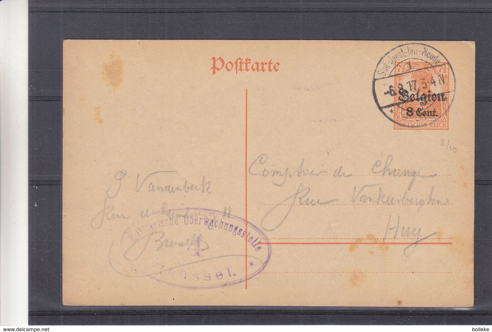 Belgique - Carte Postale De 1917 - Entier Postaux - Oblit Sint Joost Ten Noode - Exp Vers Huy - Avec Censure - Army: German