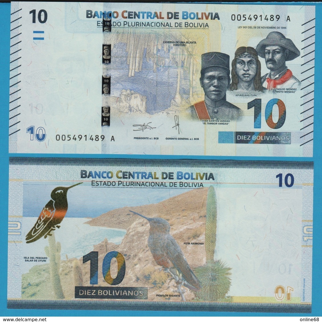 BOLIVIA 10 BOLIVIANOS 2018 Serie# 005491488 A P# 248 - Bolivia