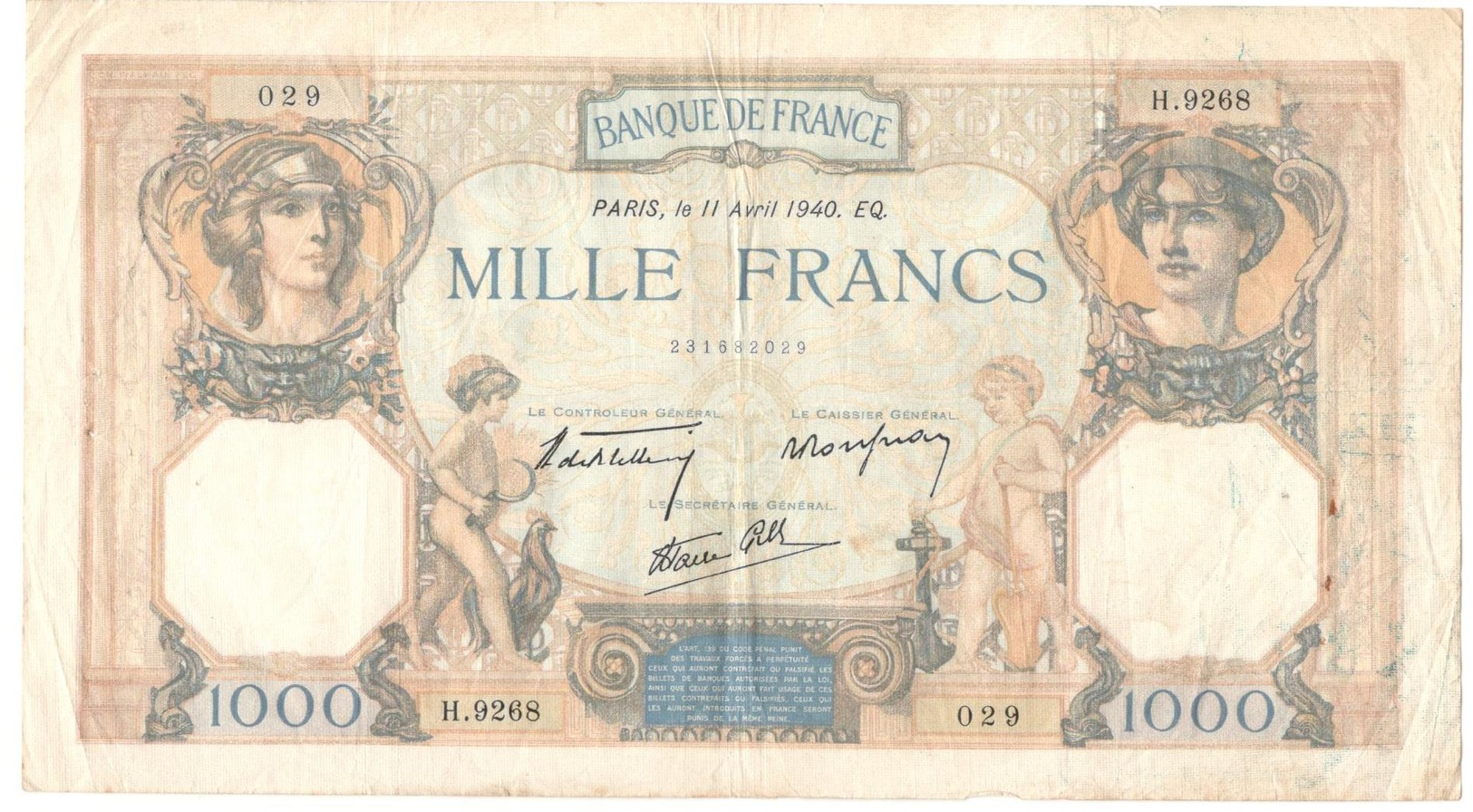 Billet De 1000 Francs 11-4-1940 - 1 000 F 1927-1940 ''Cérès Et Mercure''