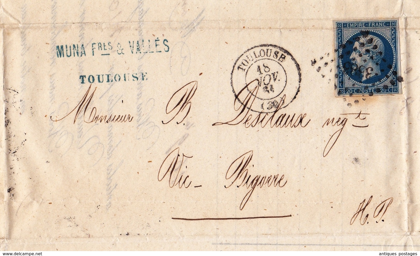 Lettre 1861 Toulouse Haute Garonne Muna Frères Et Vallès Vic En Bigorre Huile Savon Denrées Coloniales Eau De Vie - 1849-1876: Klassieke Periode