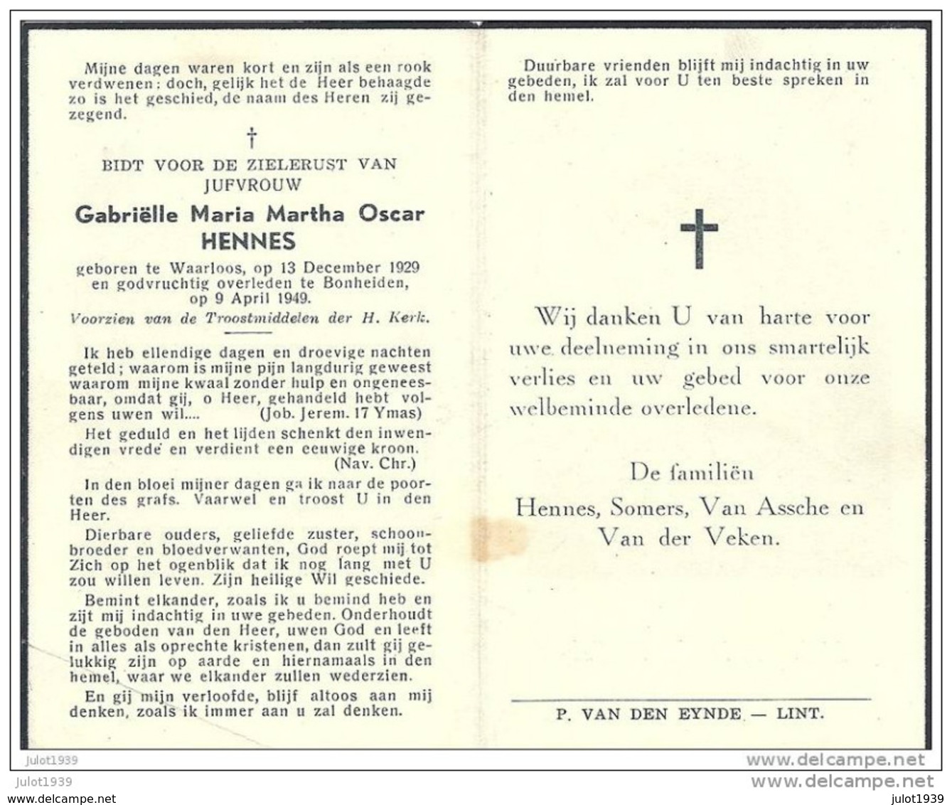 BONHEIDEN ..-- 1929 >> 1949 . WAARLOOS . Juffrouw Gabriëlle HENNES . - Bonheiden