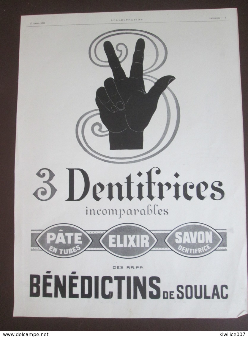 1926  3 Publicités    Dentifrice  BENEDICTINS De SOULAC  Dentiste Pate à Tubes  Savon - Publicités