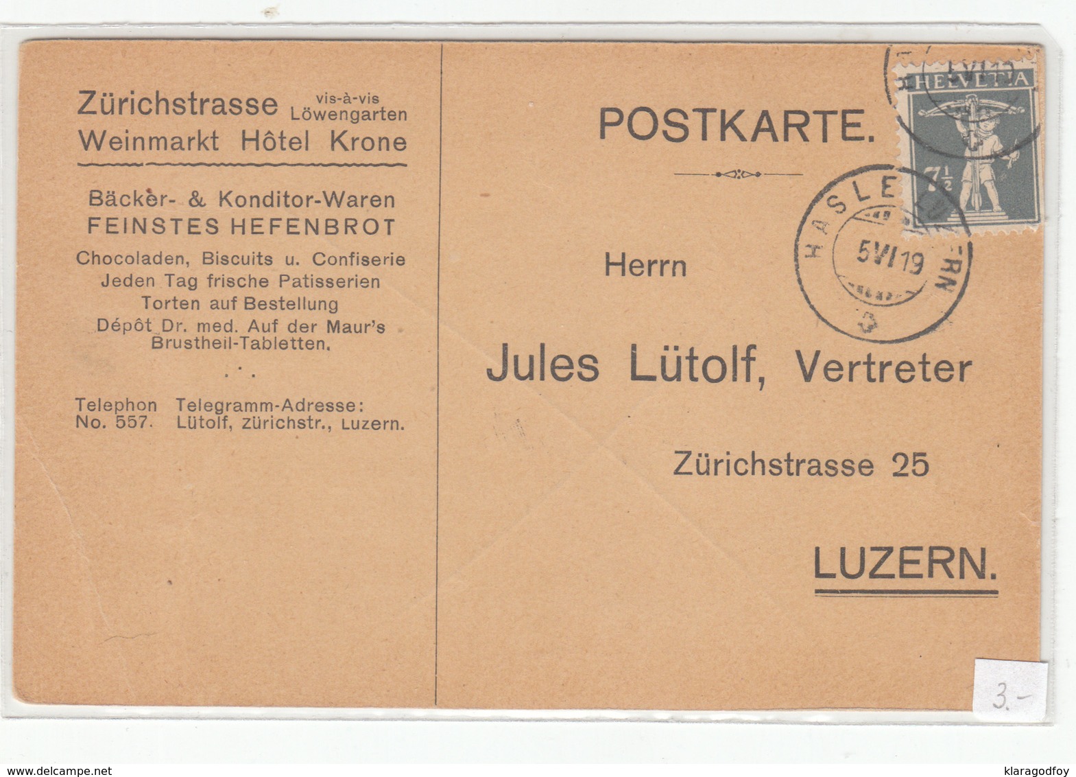 Helvetia, Weinmarkt Hotel Krone Reply Postkarte Travelled 1919 Hasle Luzern Pmk B180715 - Lettres & Documents