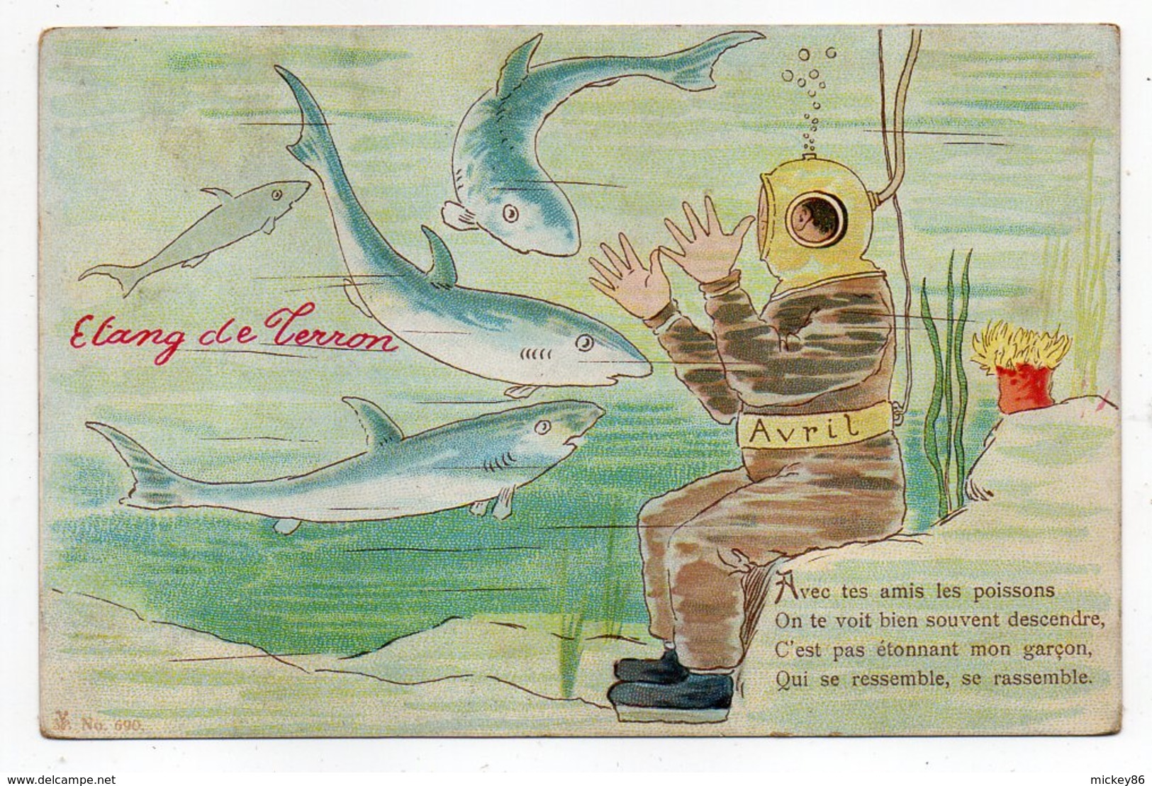 POIX-TERRON ---1er Avril --illustrateur ?????--1908--Etang De Terron--scaphandre --cachet Charleville--08... - Autres & Non Classés