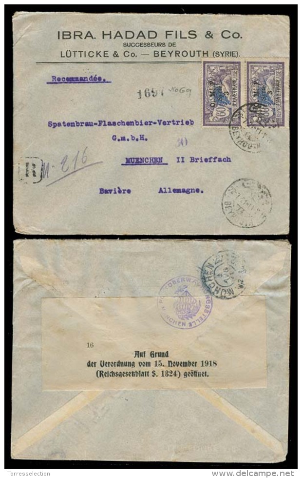 LEBANON. 1921. Beyrouth - Germany. Registered Fkd Env. OMF 3p Vert Pair. Finanz Censorship At Arrival. XF. - Lebanon