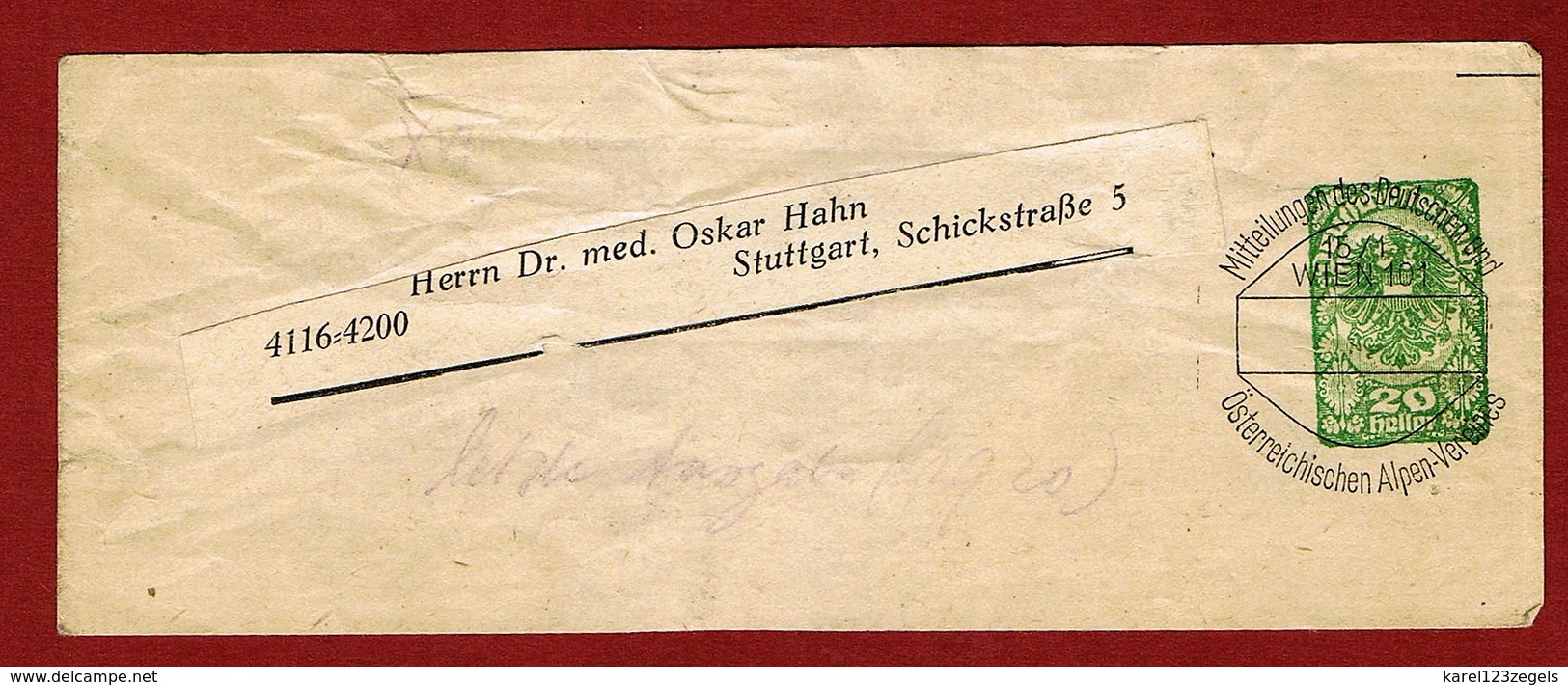 Alpenverein D O A V Streifband April 1920 - Jänner 1921 20 Heller Stuttgart 2 Scan - Sonstige & Ohne Zuordnung