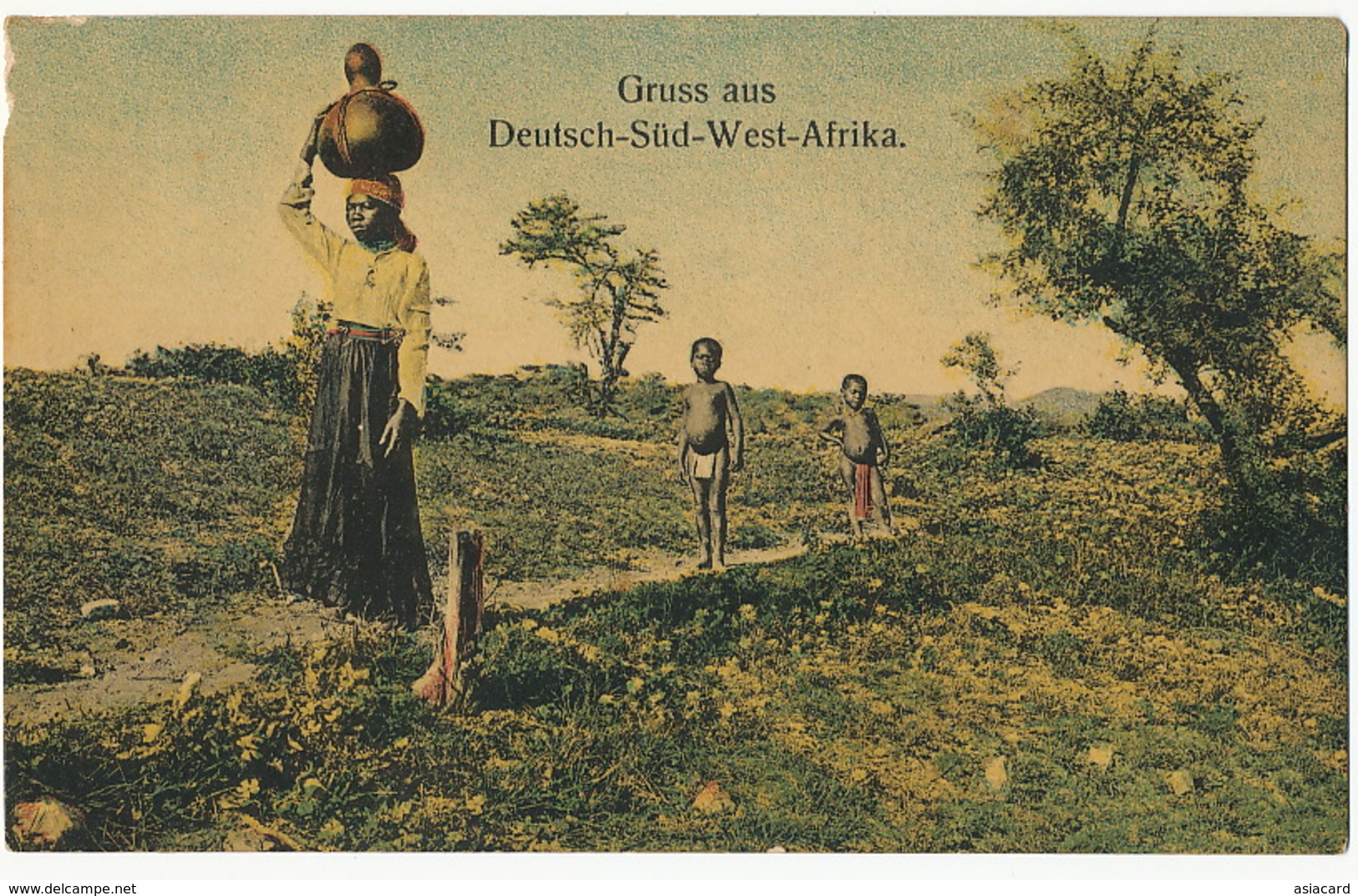 Gruss Aus Deutsch Sud West Afrika Color Woman Carryng Potery On Head And Nude Kids Edit Friedrich Lange - Namibie