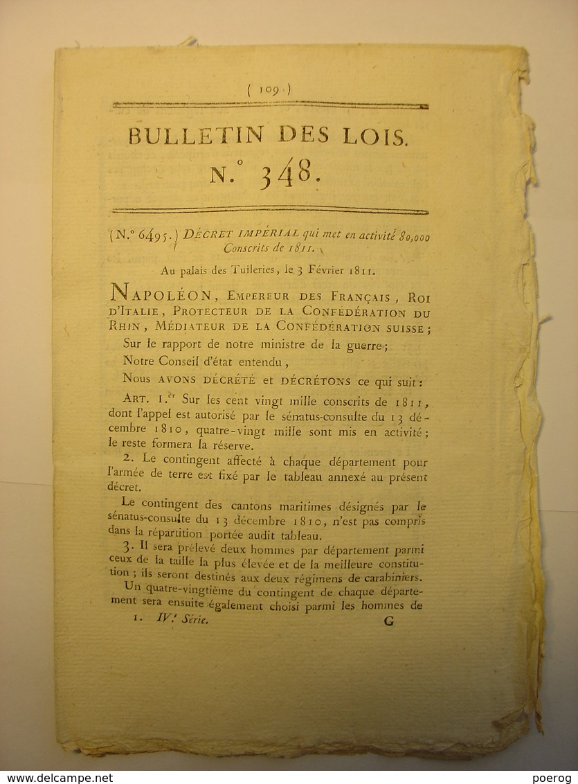 BULLETIN DES LOIS N°348 De 1811 - CONSCRITS - HOLLANDE ITALIE ALLEMAGNE - INDRE ET LOIRE DEPOT MENDICITE - Décrets & Lois