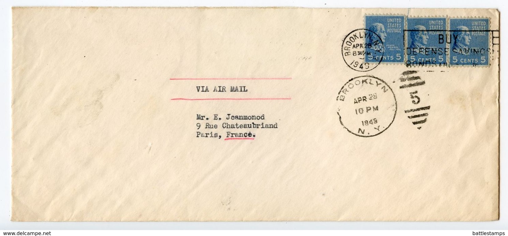 United States 1949 Airmail Cover Brooklyn, Mass. To Paris, France W/ Scott 810 X 3 - Lettres & Documents