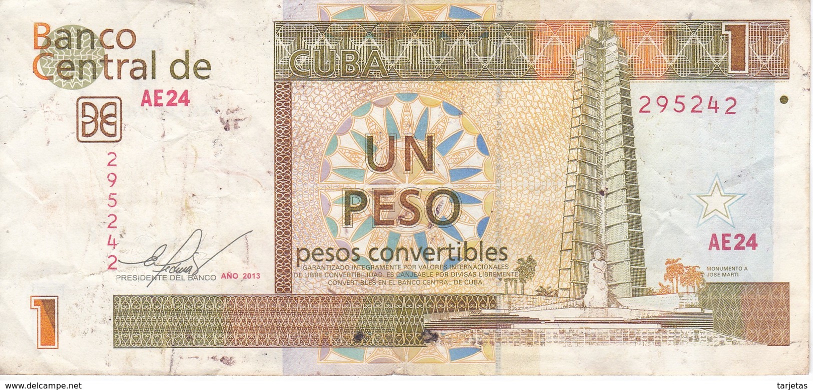 BILLETE DE CUBA DE 1 PESO CONVERTIBLE DEL AÑO 2013  (BANKNOTE) - Kuba