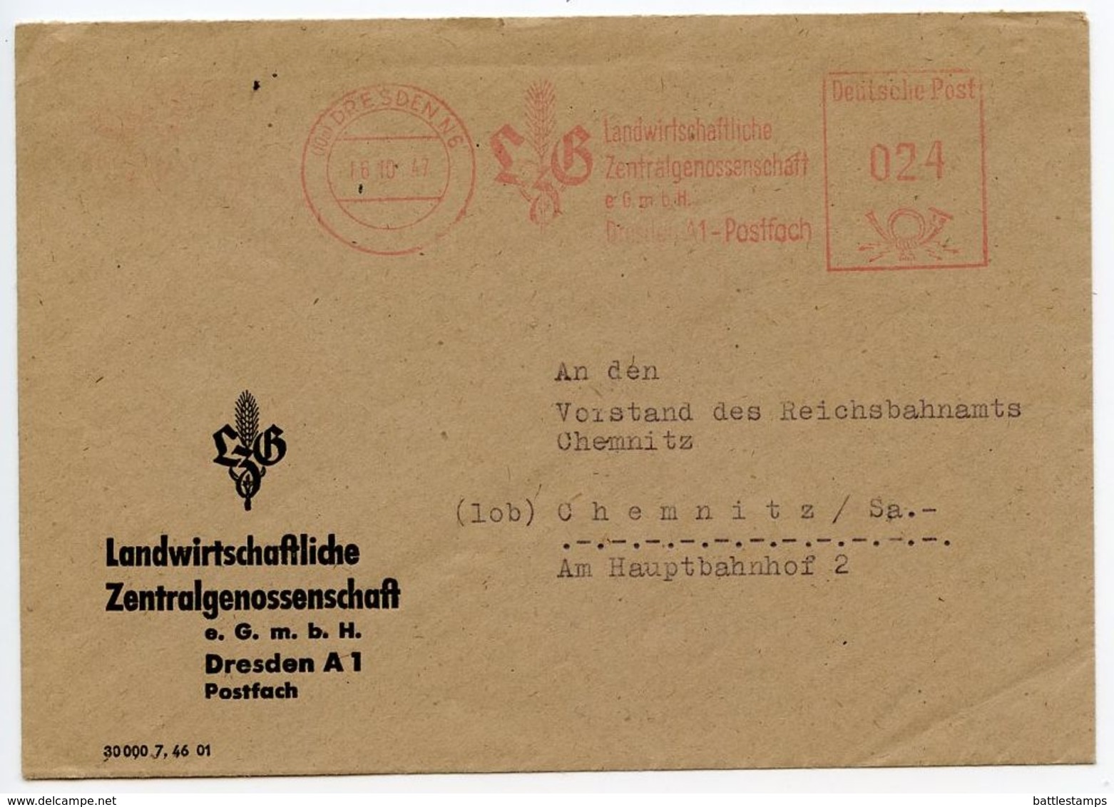 Germany 1947 Meter Cover Dresden - Landwirtschaftliche Zentralgenossenschaftt - Lettres & Documents