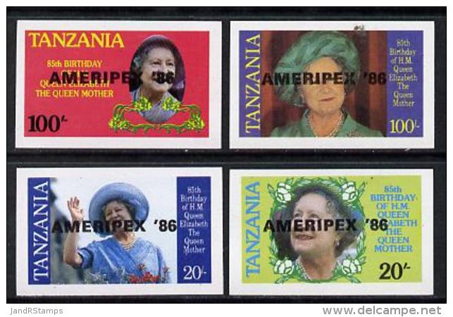 3657 Tanzania 1986 Queen Mother Imperf Proof Set Of 4 Each With 'AMERIPEX 86' Opt (postal Royalty Stamp Exhibitions) - Tanzania (1964-...)