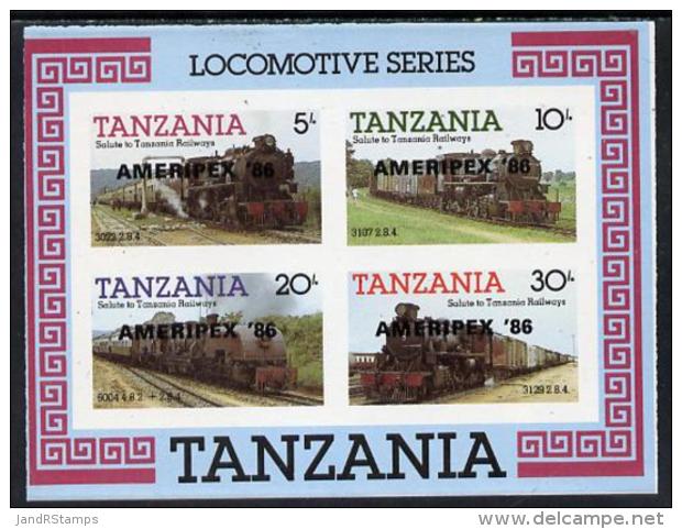 8834 Tanzania 1986 Railways Imperf M/sheet (as SG MS 434) O/p 'AMERIPEX '86' In Black (postal Stamp Exhibitions Trains) - Tanzania (1964-...)