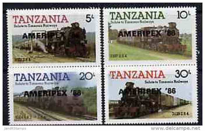 21205 Tanzania 1986 Railways Perf Set Of 4 O/p 'AMERIPEX '86' In Black (postal Trains Stamp Exhibitions) - Tansania (1964-...)