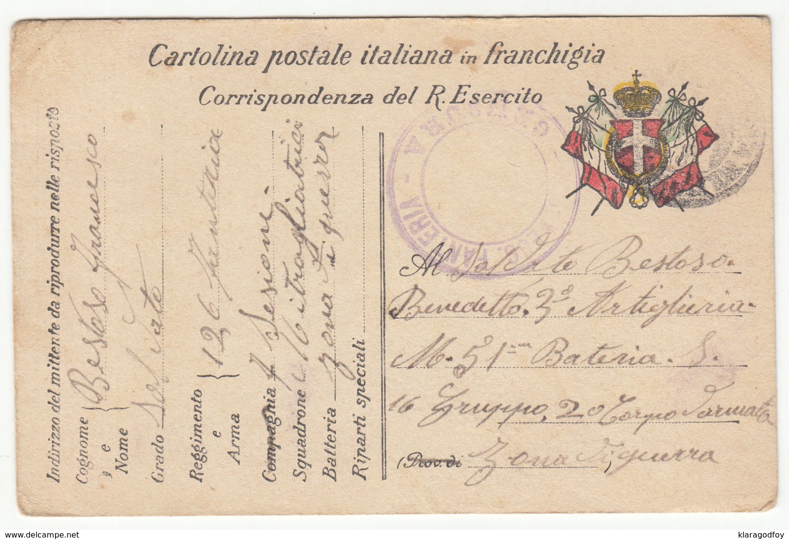 WWI Posta Militare, Corrispondenza Del R. Esercito - 126° Reggimento Fanteria Censored Travelled B180715 - Correo Militar (PM)