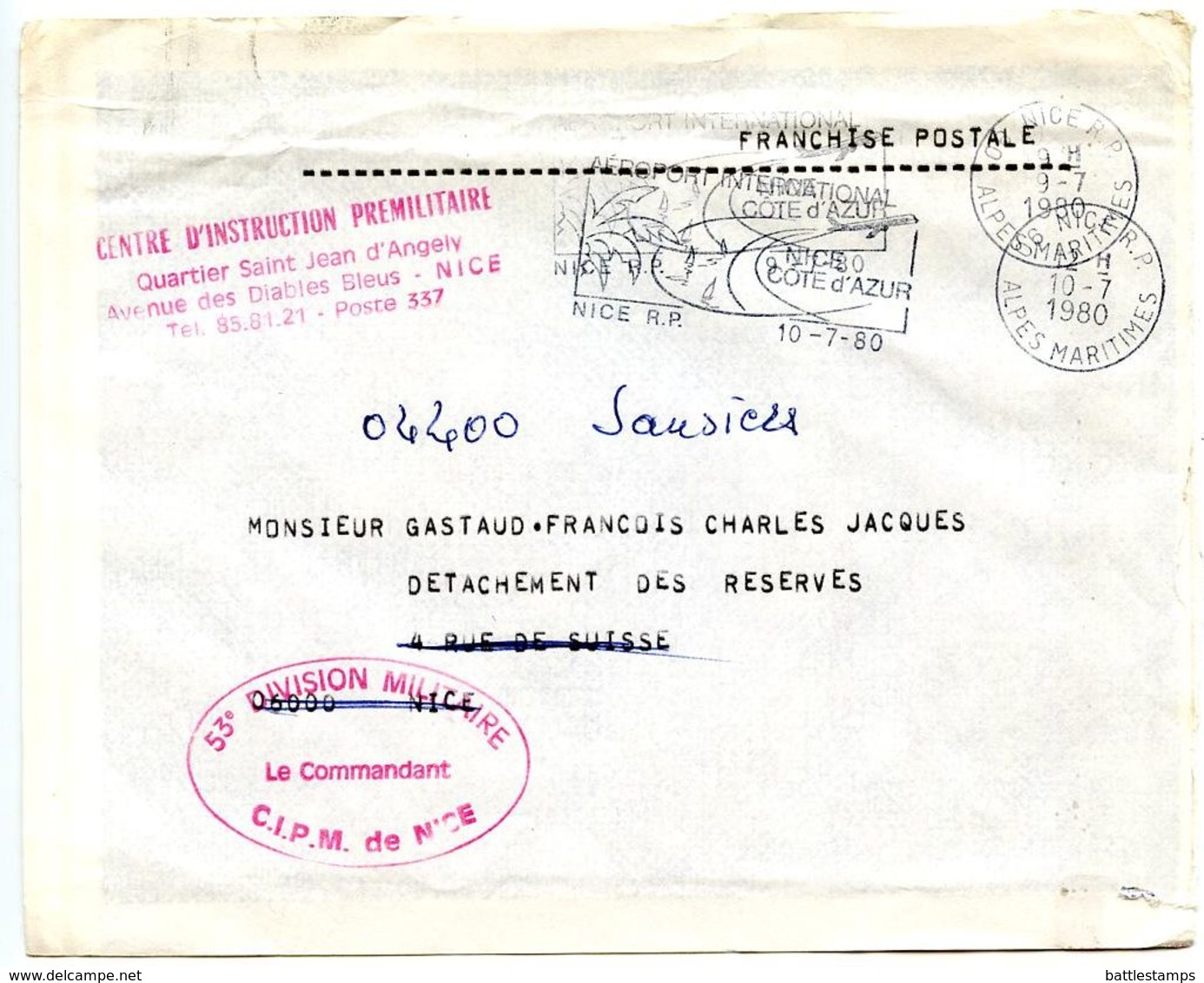 France 1980 Military Cover - Nice - Centre D’Instruction Premilitaire, 53rd Division - Military Postmarks From 1900 (out Of Wars Periods)