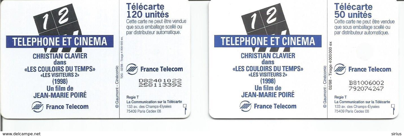 2 Télécartes Téléphone Et Cinéma Christian CLAVIER 50 U GEM Et 120 U OB1 T2G - 02/98 Utilisées - 1998