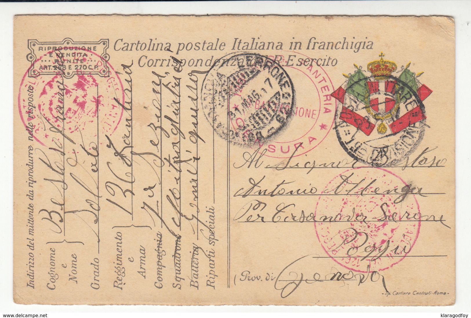 WWI Posta Militare, Corrispondenza Del R. Esercito - 126° Reggimento Fanteria Censored Travelled 1917 B180715 - Military Mail (PM)