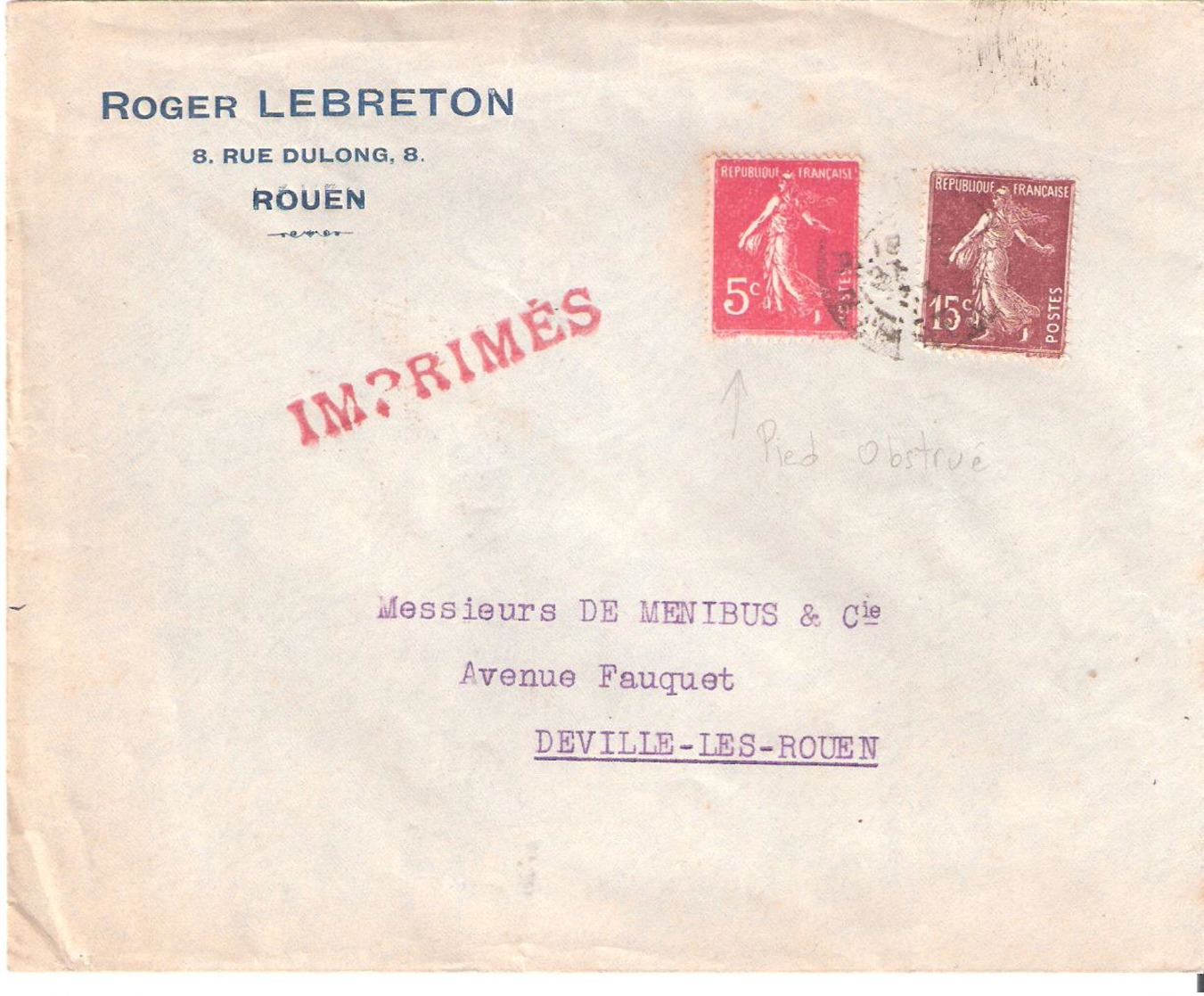 5c.+15c.semeuse Camée Sur IMPRIMES Avec Variété Sur Le 5c.(pied Absent Sous La Robe) - 1921-1960: Période Moderne