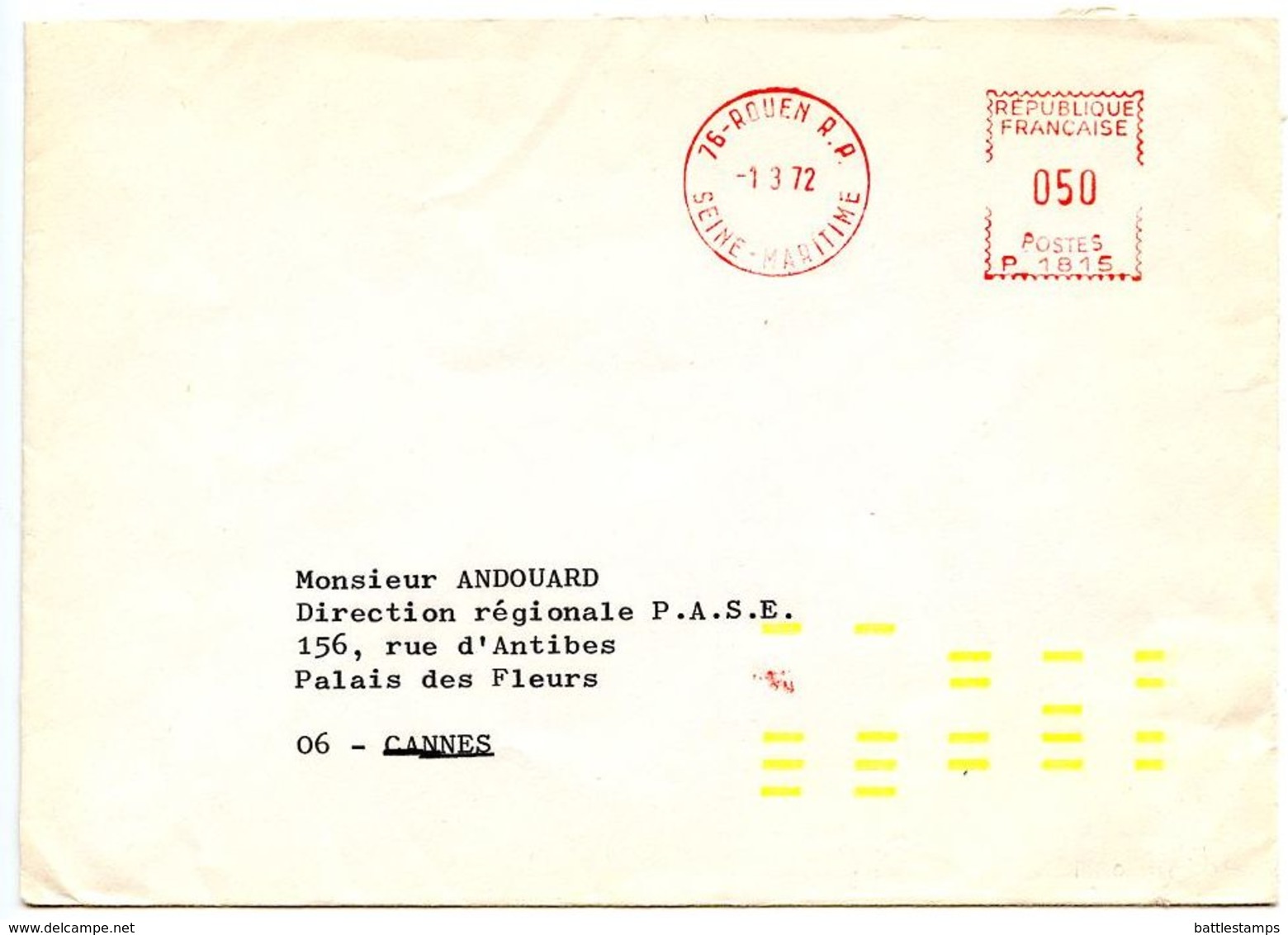 France 1972 Havas Meter Cover Rouen To Cannes - EMA (Printer Machine)