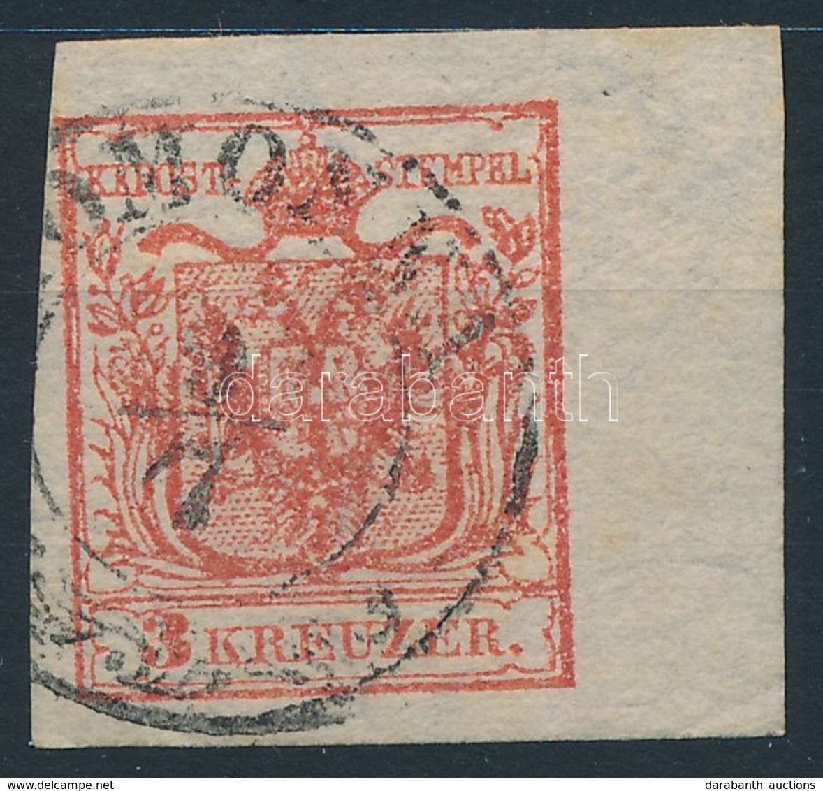 O 1850 3kr HP III. Kárminrózsaszín 7,5-8 Mm Jobb Oldali ívszéllel, óriási Vízjellel, Papírránccal ,,(H)OMONNA' Certifica - Otros & Sin Clasificación