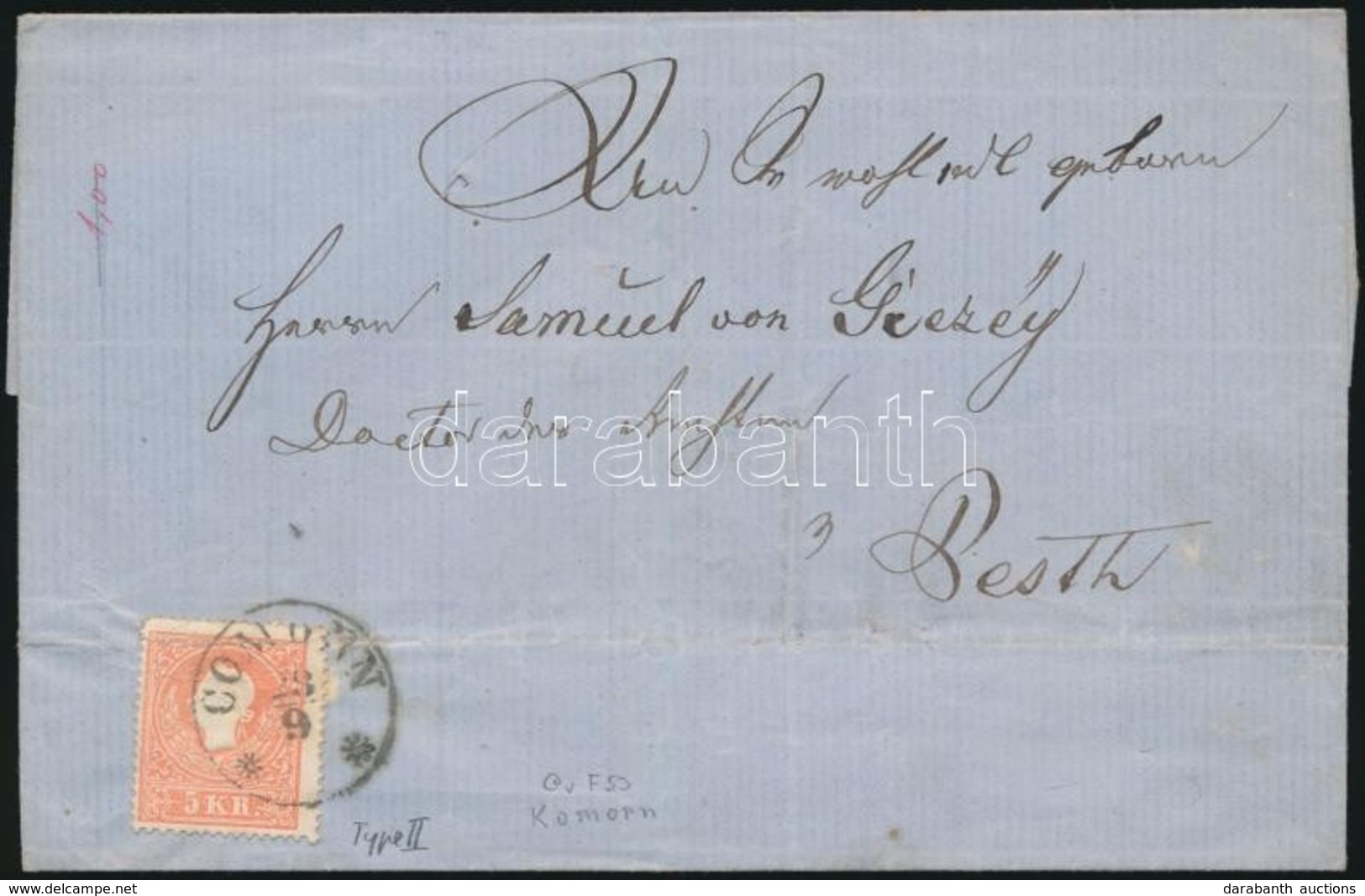 ~1860 5kr (regiszterhajtás) Levélen ,,COMORN' - ,,PESTH' - Other & Unclassified